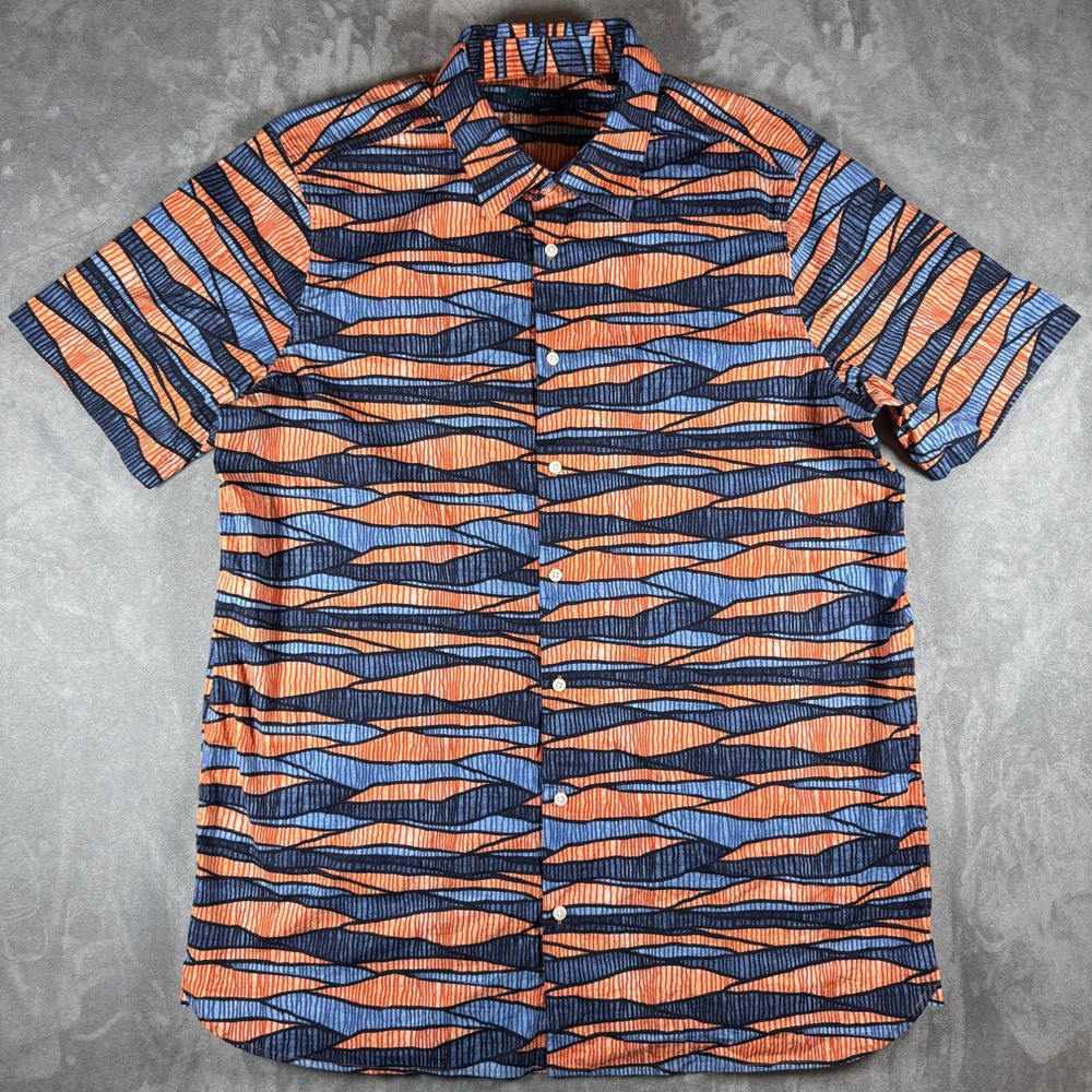 Perry Ellis Mens XLT Orange Blue Geometric Stretch Short Sleeve Button Up Shirt